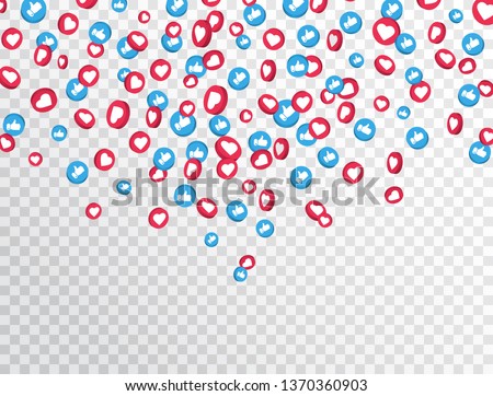Like and thumbs up icons falling on transparent background. 3d social network symbol. Counter notification icons. Social media elements. Emoji reactions. Vector illustration. Royalty-Free Stock Photo #1370360903