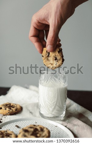 Glass of milk and Homemade chocolate chip cookies
