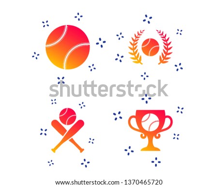 Baseball sport icons. Ball with glove and two crosswise bats signs. Winner award cup symbol. Random dynamic shapes. Gradient baseball icon. Vector