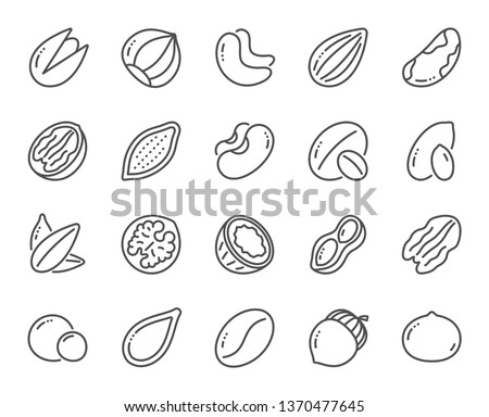Nuts and seeds line icons. Hazelnut, Almond nut and Peanut. Sunflower and pumpkin seeds, Brazil nut, Pistachio icons. Walnut, Coconut and Cashew nuts. Pecan, peas, macadamia. Vector Royalty-Free Stock Photo #1370477645