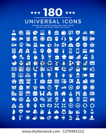 Universal icon pack. 180 solid icons - business, technology, computer,food, buildings, logistics, office, bank, shopping,  weather, arrows,  sport, beauty.