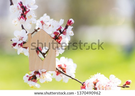 Closeup wooden house with hole in form of heart surrounded by white flowering branches of spring trees. Spring vibrant composition with copy space. Concept of sweet home.