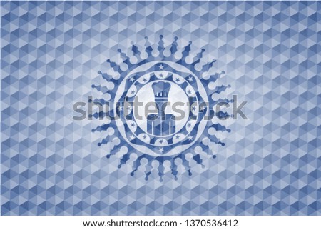 chef icon inside blue emblem or badge with geometric pattern background.