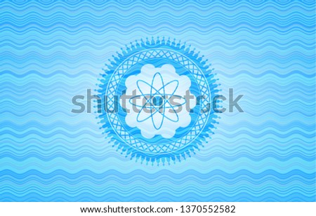 atom icon inside water wave representation emblem background.
