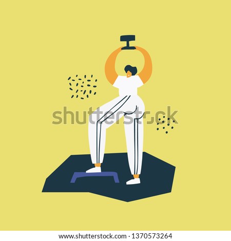 Step ups with dumbbell hand drawn illustration. Sportswoman in sportive clothes cartoon character. Fitness training exercise flat drawing. Girl working out, holding barbell, lifting weight