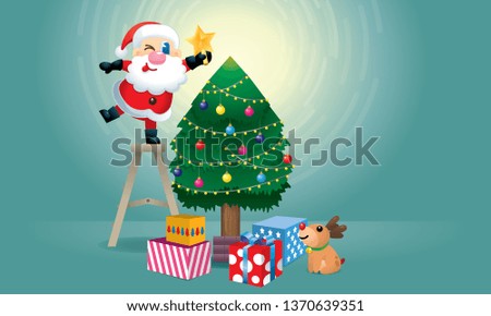 A cute Santa and his reindeer is decorating the Christmas tree. Vector.