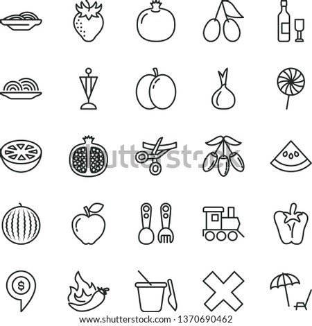 thin line vector icon set - cross vector, children's sand set, plastic fork spoons, baby toy train, onion, slices of, peper, lollipop, apple, pomegranate, half, red, strawberry, cornels, water melon