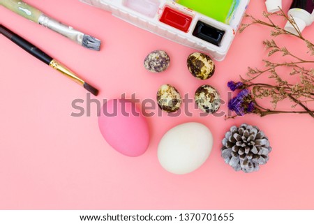 flat lay photo happy easter, top view of preparing for Easter on pink background, easter eggs