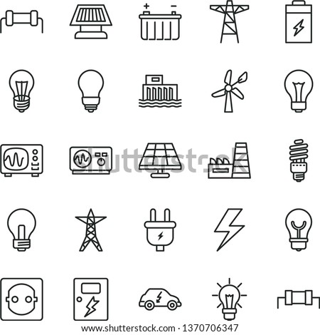 thin line vector icon set - lightning vector, matte light bulb, incandescent lamp, dangers, charging battery, solar panel, wind energy, hydroelectric station, power line, pole, plug, socket, saving Royalty-Free Stock Photo #1370706347