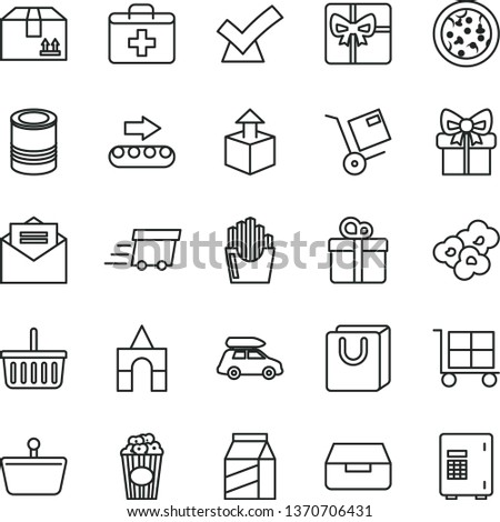thin line vector icon set - cargo trolley vector, grocery basket, first aid kit, box of bricks, received letter, drawer, bag with handles, cardboard, gift, package, shipment, unpacking, tin, pizza