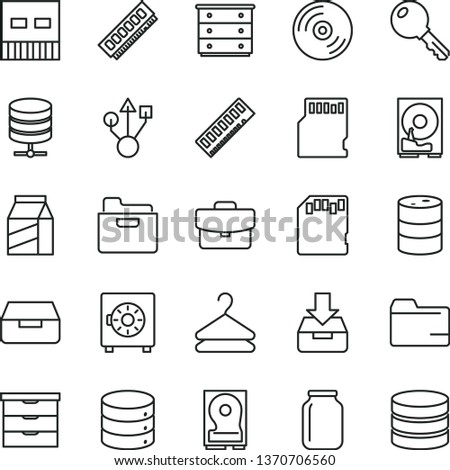 thin line vector icon set - folder vector, storage unit, chest of drawers, key, CD, big data, server, suitcase, put in a box, drawer, strongbox, package, hanger, barrel, jar, memory, hdd, usb
