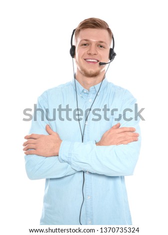 Portrait of technical support operator with headset isolated on white