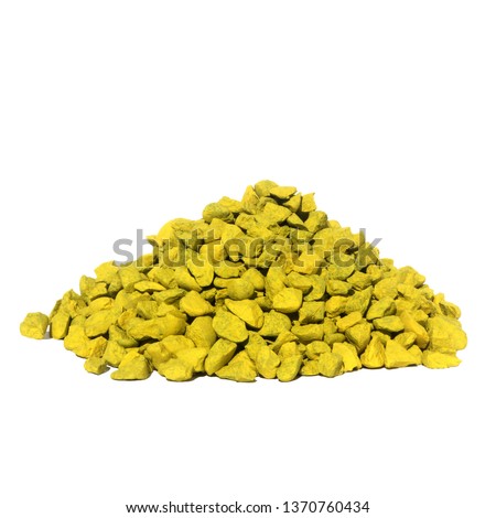 A pile of colored yellow stones isolated on white background. Stones for decoration.