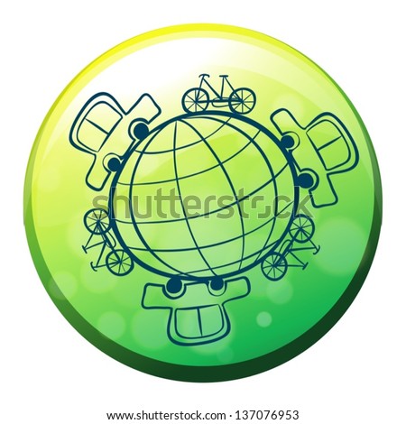 Illustration of a globe surrounded by bicycles and cars on a white background