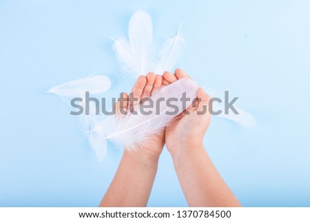 White feathers in children's hands on a blue background. Symbolic photo in light shades. Copy space