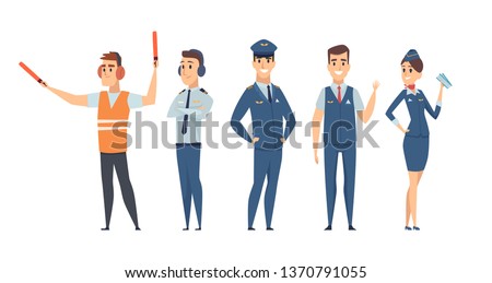 Pilots. Avia company persons crew pilots stewardess airplane command civil aviation vector characters in cartoon style Royalty-Free Stock Photo #1370791055