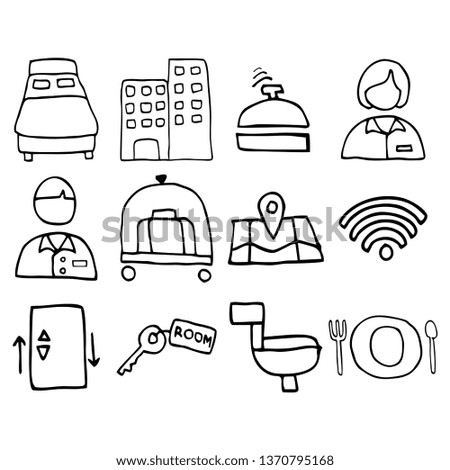Hand drawn hotel related vector icon set, Isolated hotel symbols collection. Isolated on a vector background