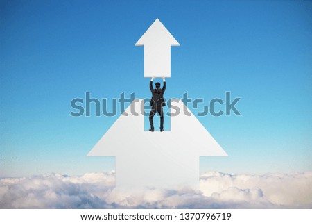Businessman with abstract white arrow on blue sky with clouds background. Growth and success concept
