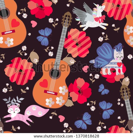 Seamless pattern with funny pegasus, horned foxes and winged kitten, quitars, butterflies and flowers on black background. Print for fabric, wallpaper.