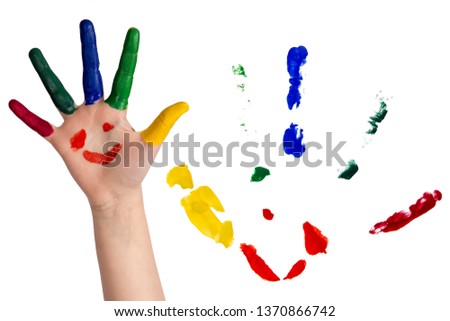 Image of human hands in colorful paint with smiles ,Isolated on white background