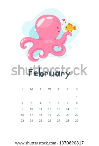 February 2020 calendar page. Vector cartoon illustration with cute pink octopus character and fish. Template for print. Vertical layout. White background.