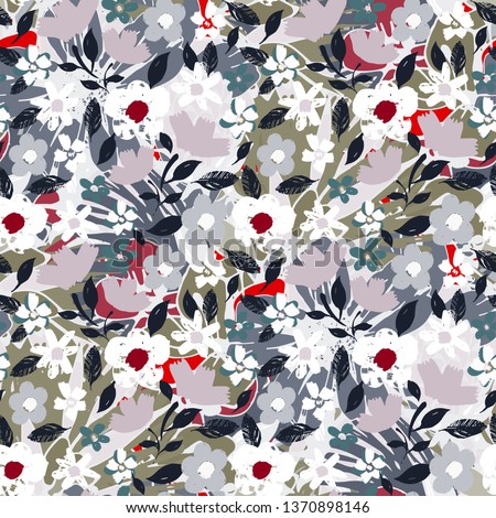 Seamless pattern with flowers, leaves. Floral grunge background. Summer print. Fabric design, wallpaper