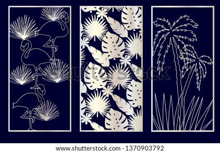 Set of Decorative laser cut panels with summer related elements: monstera, flamingo, palm tree. Vector Illustration.