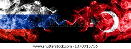 Russian vs Turkey, Turkish smoke flags placed side by side. Thick colored silky smoke flags of Russia and Turkey, Turkish