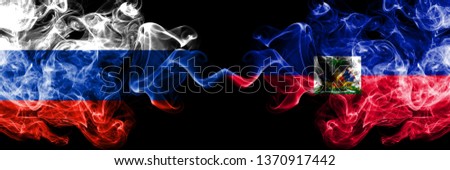 Russian vs Haiti, Haitian smoke flags placed side by side. Thick colored silky smoke flags of Russia and Haiti, Haitian