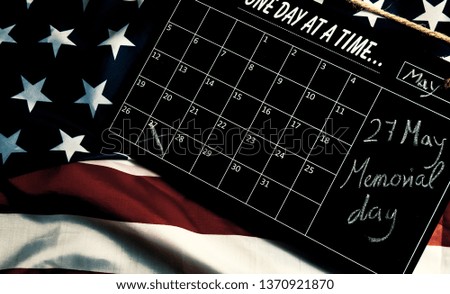 Overhead picture of calendar on united states flag, indicating the date 4th July in the calendar