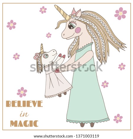 Cartoon cute Unicorn with flower for nursery print and other design. Cute pastel color Unicorn. Believe in magic Unicorn quote.
