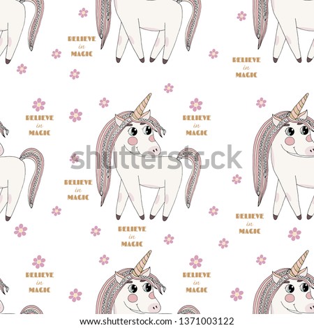 Seamless pattern with Unicorn with long hair with flower. Endless pattern with cute cartoon Unicorn.