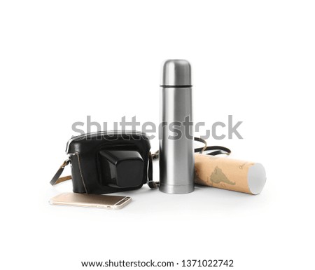 Set of items for tourist on white background
