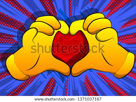Vector cartoon hands showing heart shape hand gesture. Illustrated hand sign on comic book background.