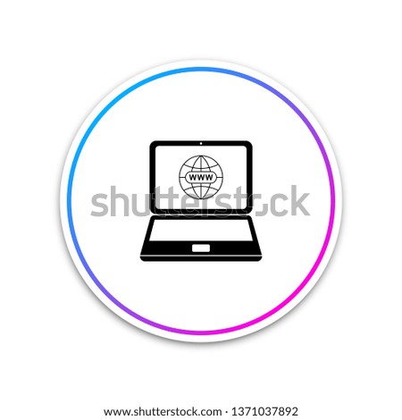 Website on laptop screen icon isolated on white background. Globe on screen of laptop. World wide web symbol. Internet symbol for your web site , logo. Circle white button. Vector Illustration