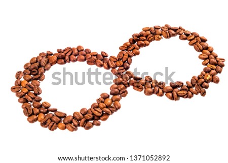 Isolated infinity sign made of coffee beans. Illustrating concept of everlasting aroma or eternal coffee.