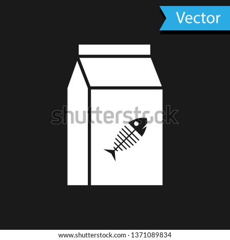 White Bag of food for cat icon isolated on black background. Fish skeleton sign. Food for animals. Pet food package. Vector Illustration