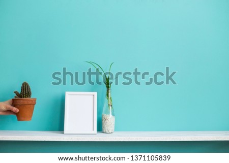 Modern room decoration with Picture frame mockup. White shelf against pastel turquoise wall with spider plant cuttings in water and hand putting down cactus.