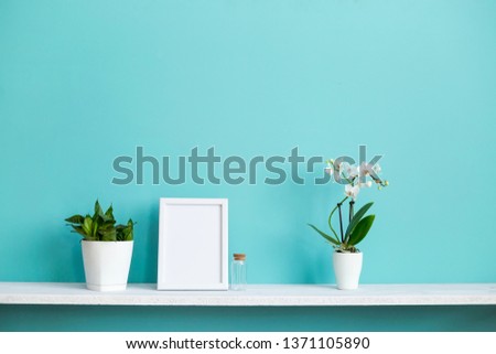 Modern room decoration with Picture frame mockup. White shelf against pastel turquoise wall with potted orchid and snake plant.