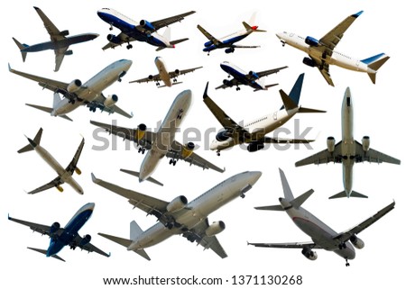 Image with many different planes on a clean white background