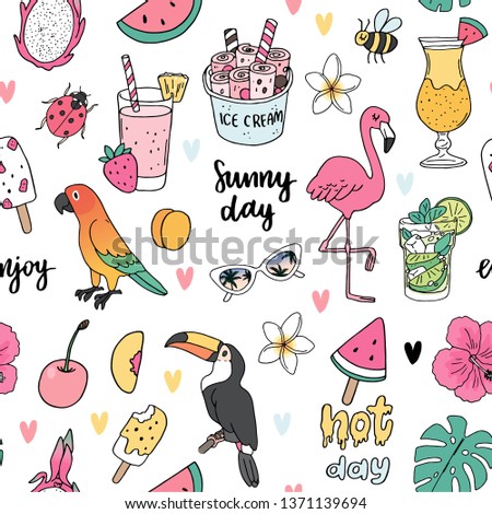 Summer seamless pattern with tropical birds, flamingo, toucan, parrot and fruits, ice cream, cocktails, smoothies and other vector illustration on white background 