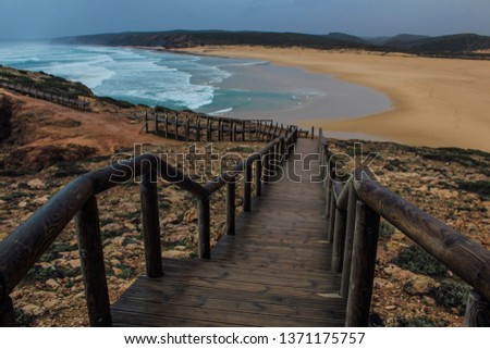 Bordeira beach (Portugal - Algarve) in november. View from walk, stairs. 