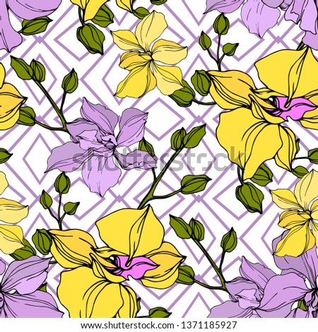 Vector Orchid floral botanical flowers. Wild spring leaf wildflower isolated. Black and white engraved ink art. Seamless background pattern. Fabric wallpaper print texture.
