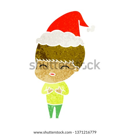 happy hand drawn retro cartoon of a boy wearing santa hat