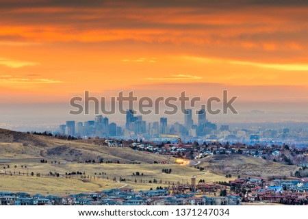 Denver, Colorado, USA downtown skyline viewed from Red Rocks at dawn. 
