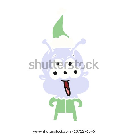 happy hand drawn flat color illustration of a alien wearing santa hat