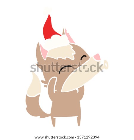 howling wolf hand drawn flat color illustration of a wearing santa hat