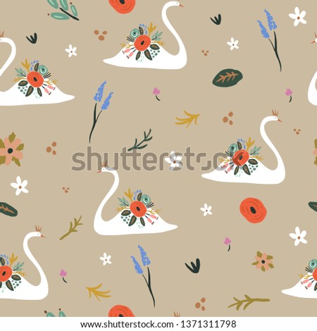Beautiful white swan princess or queen with crown, romantic seamless pattern and floral bouquet decor elements. Vector clip art