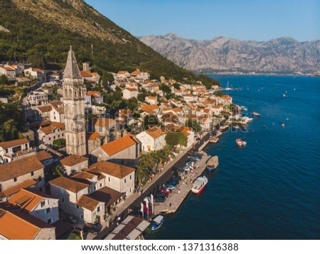 aerial view of perast city in montenegro. summer time
