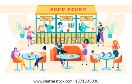 Flat Food Court Inscription Pizza, Coffee, Bar. People sit at Tables and Eat Restaurant Dish. Girl Orders Pizza at Counter. Self-service in Restaurant. Vector Cartoon Illustration.
